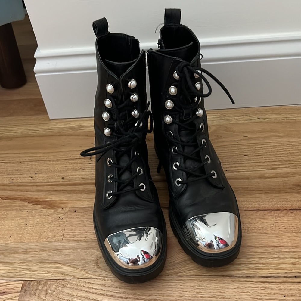 Zara pearl & silver toe combat boots